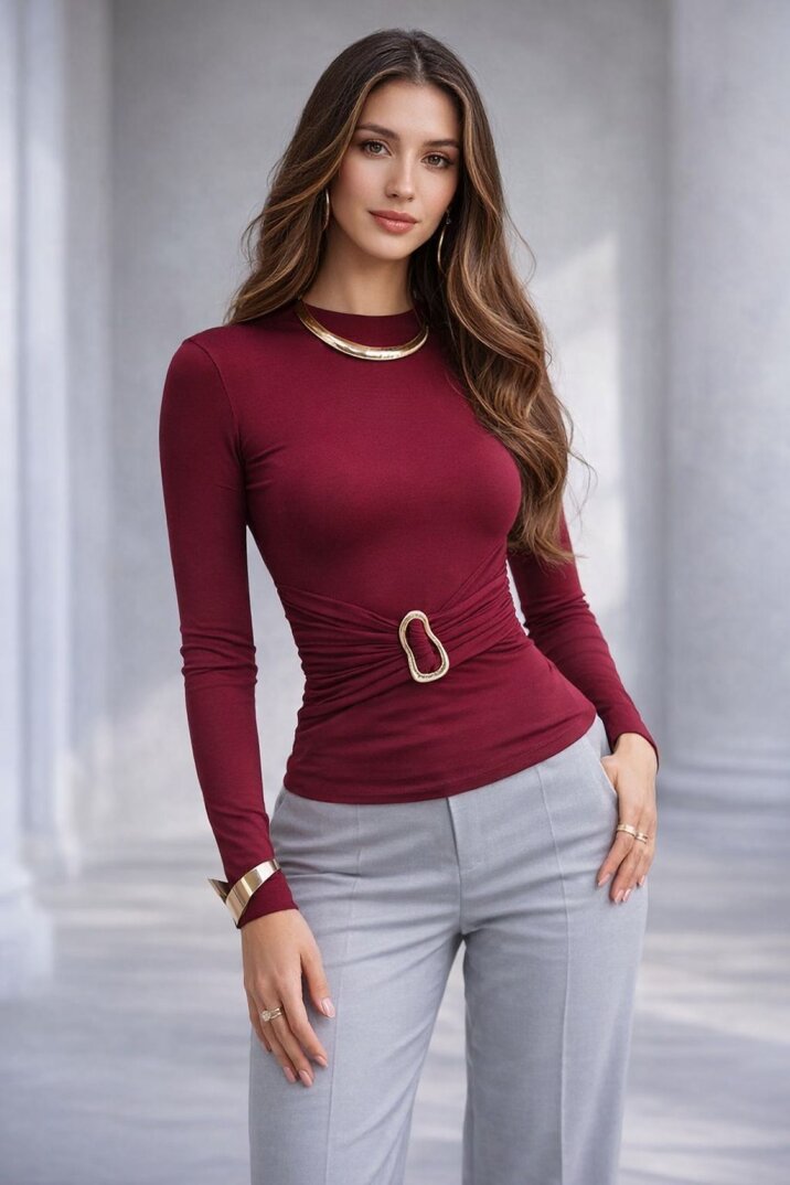 uzun kollu tokalı body bordo - 1